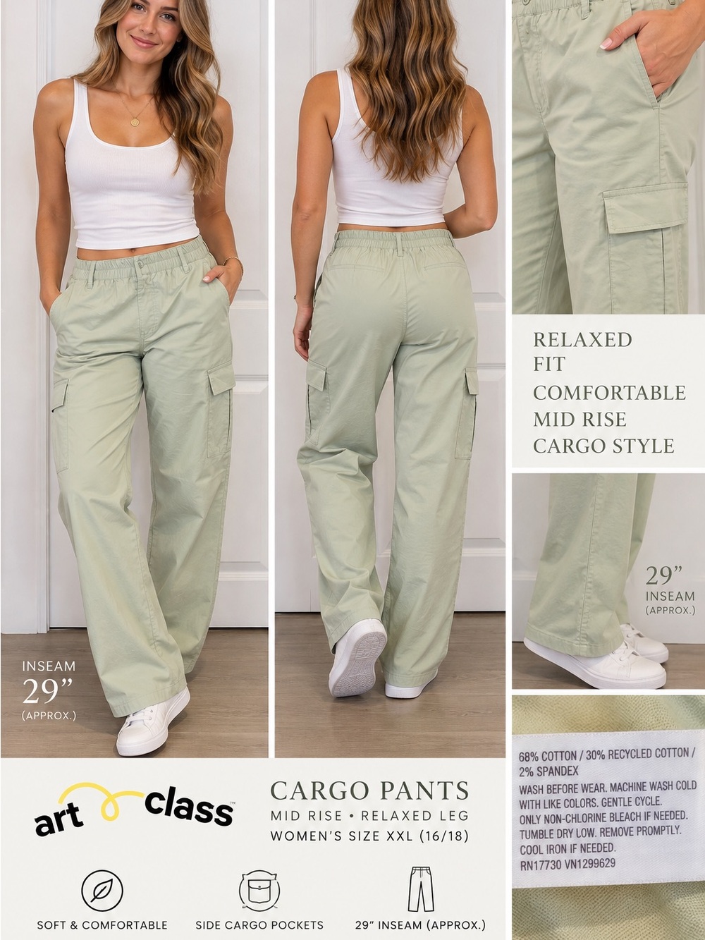 NWT Cotton Blend Utility Cargo Art class Sage Green Relaxed Straight Leg 29”In